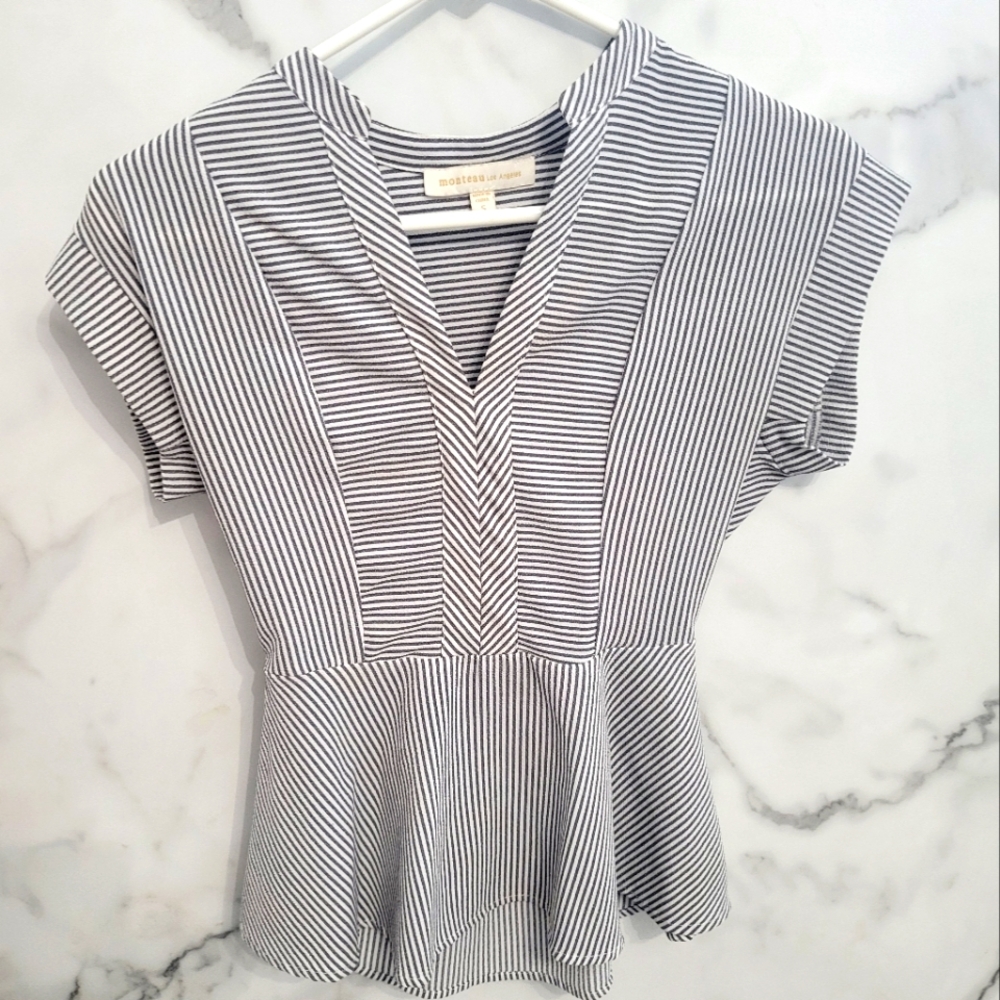 Monteau Navy and White Striped Peplum Top (Size S)